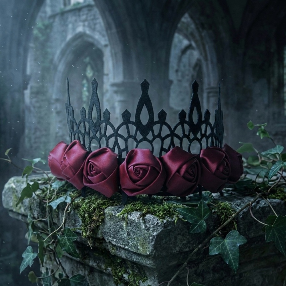 Midnight Rose Gothic Crown – Ornate Black Lace & Crimson Satin Rose Headband - Picture 6 of 11